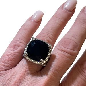 Size 7 3/4 Statement Ring with Simulated Sapphire and Pave Diamonds